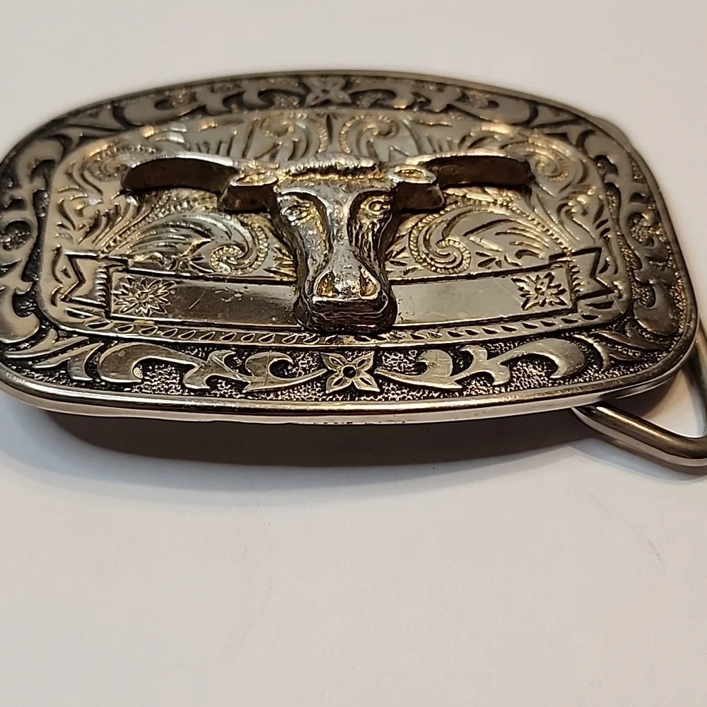 Silver Western Longhorn Belt Buckle - Men Accessories HOOK 'EM HORNS TEXAS 3D